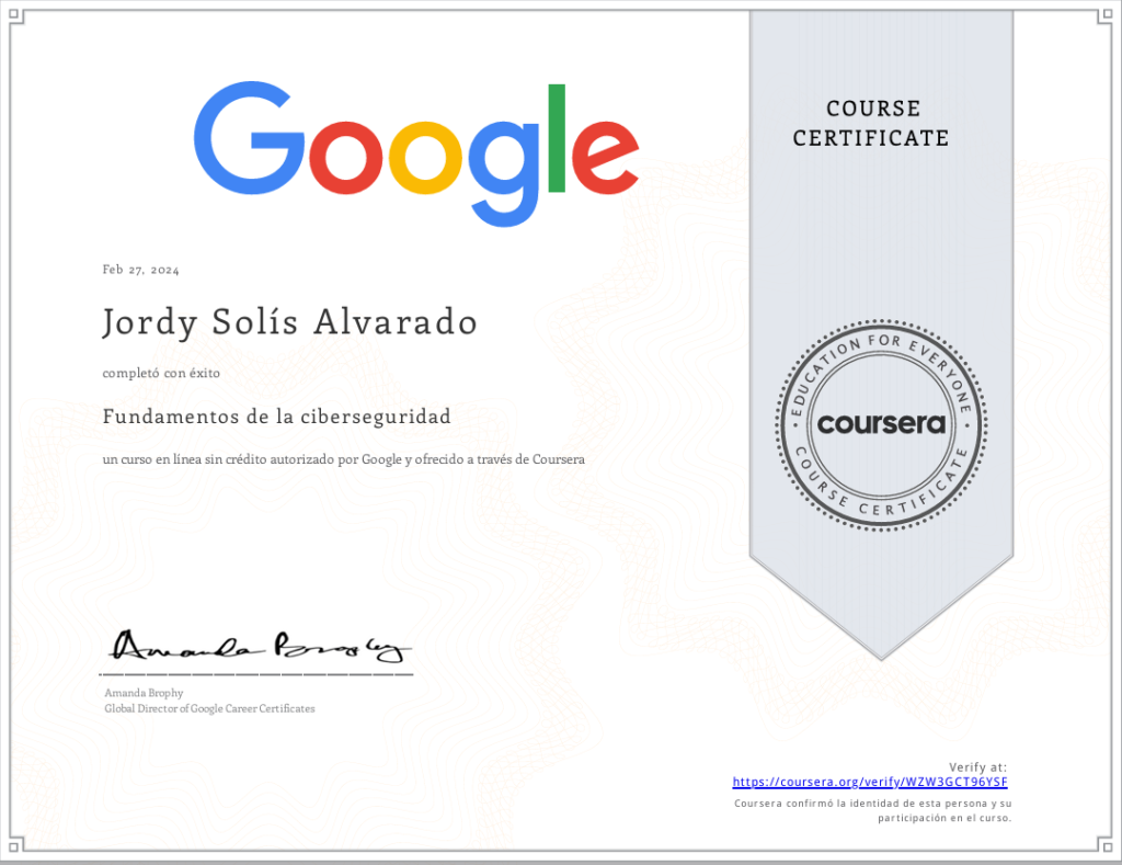 Google Cybersecurity Fundamentals Course certificate