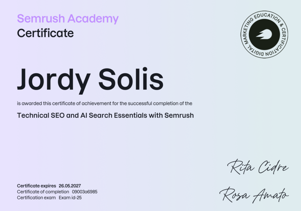 Technical SEO and AI Search essentials with Semrush certificate