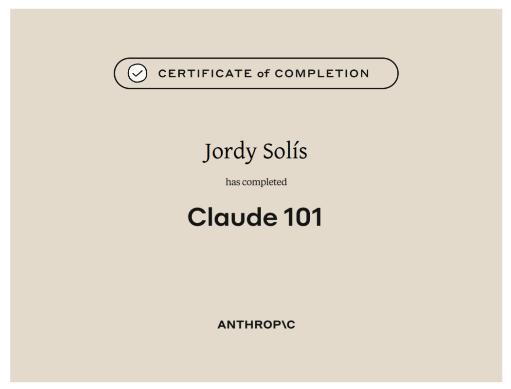 Claude 101 certificate completion by anthropic